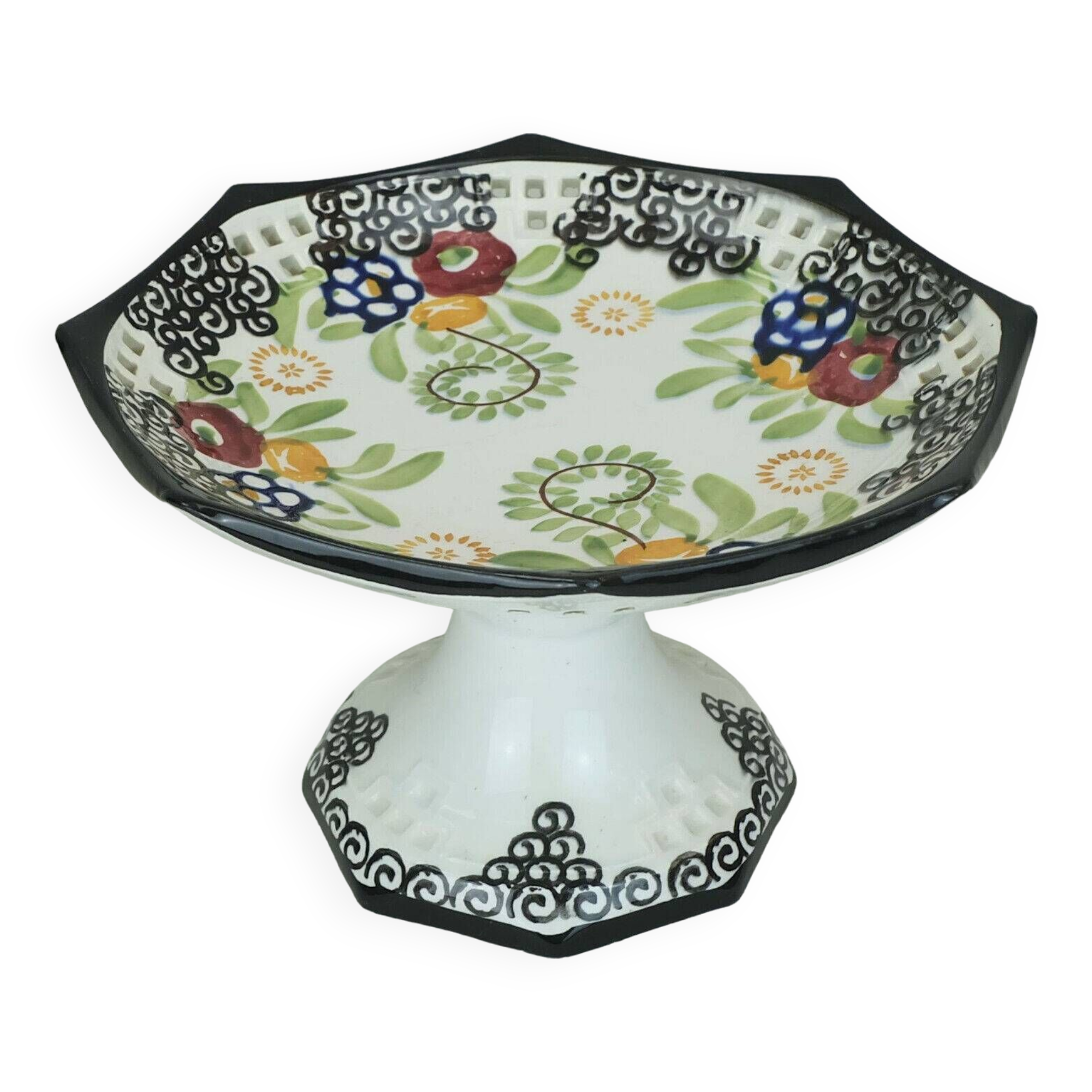 octagonal art deco BOWL footed bowl schramberg majolika 1920s hand-painted decor
