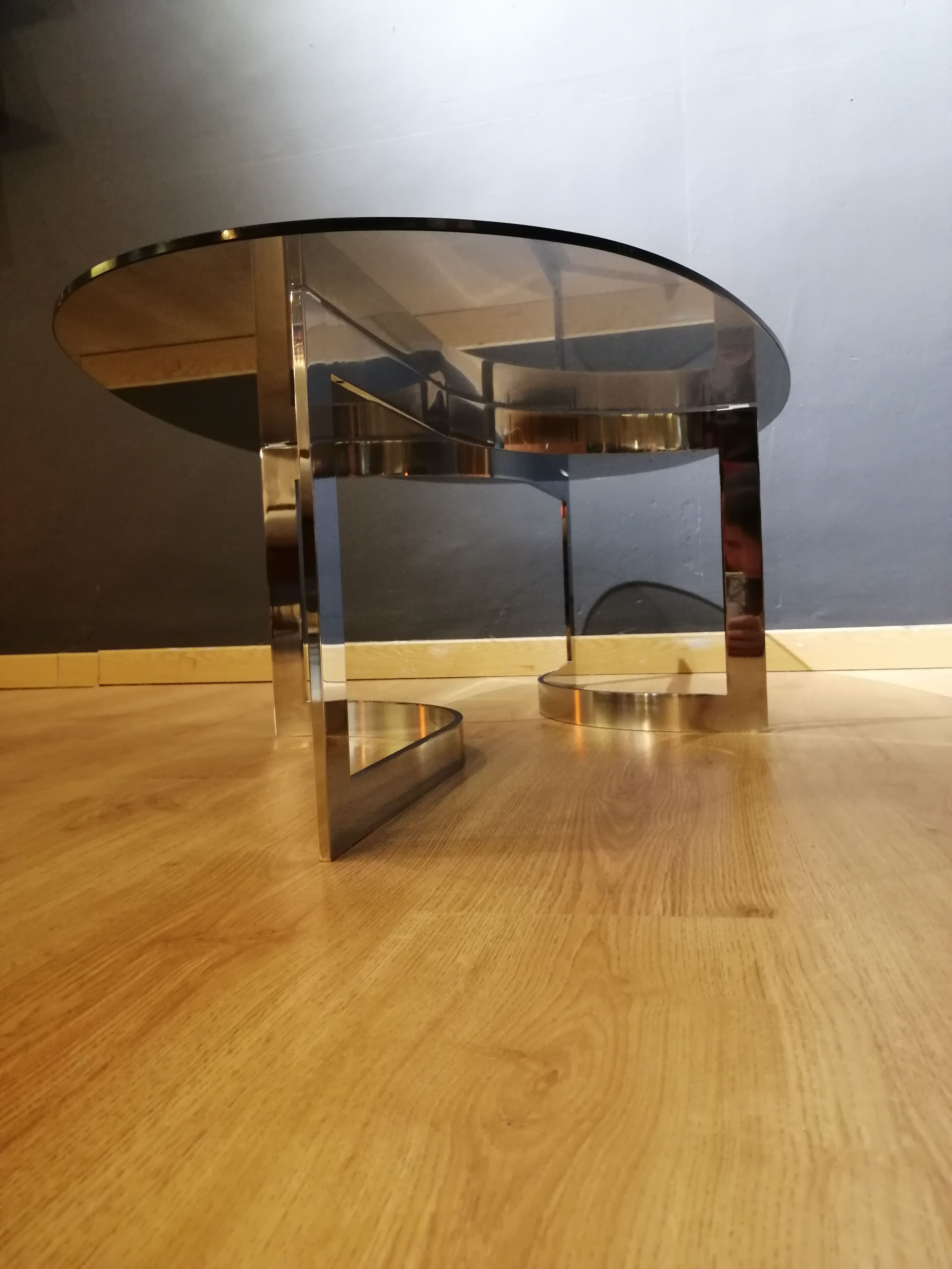 Coffee table in smoked glass and chrome by designer Paul Legeard, 70s