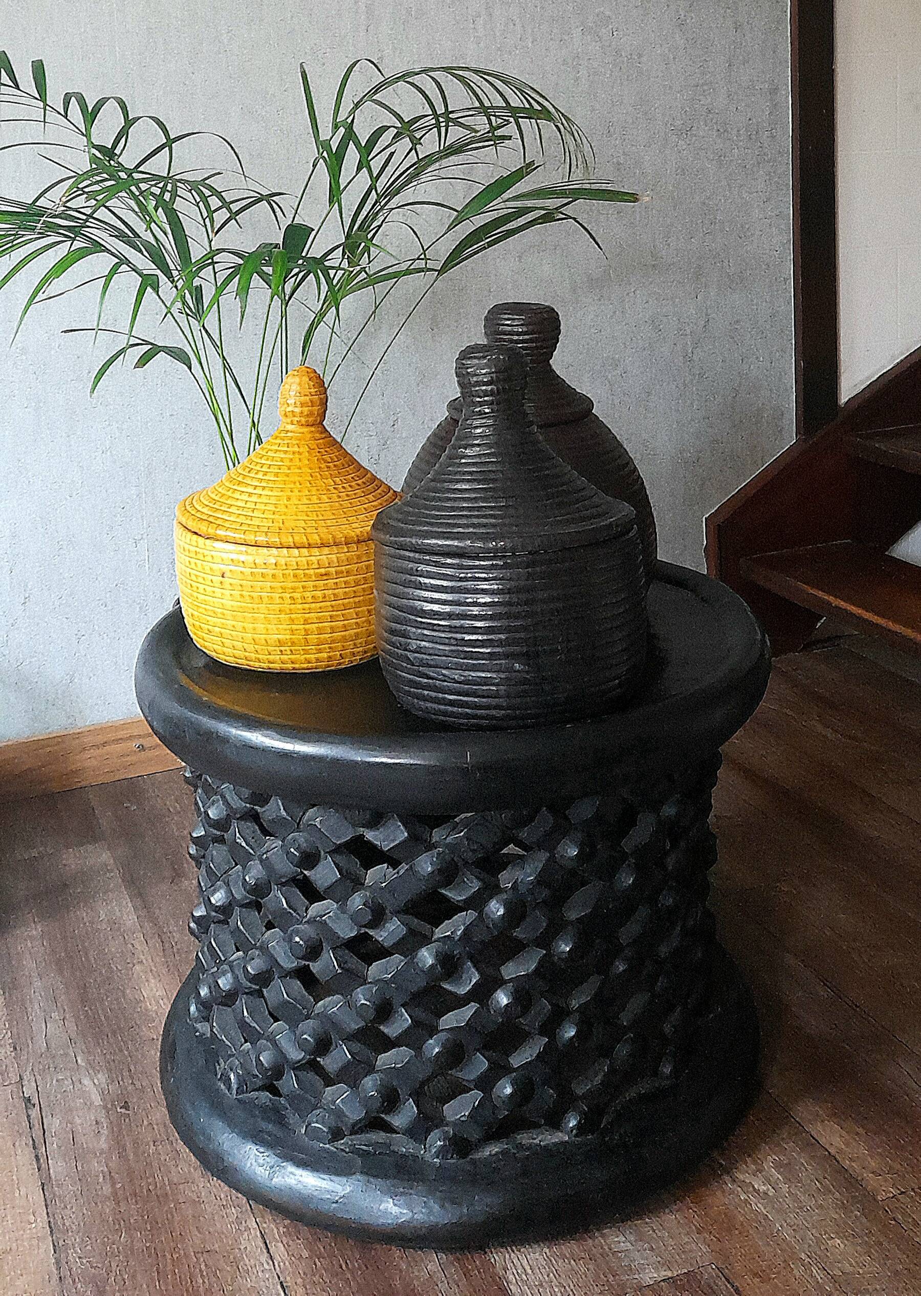 Dark purple wicker and leather round basket