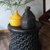 Dark purple wicker and leather round basket