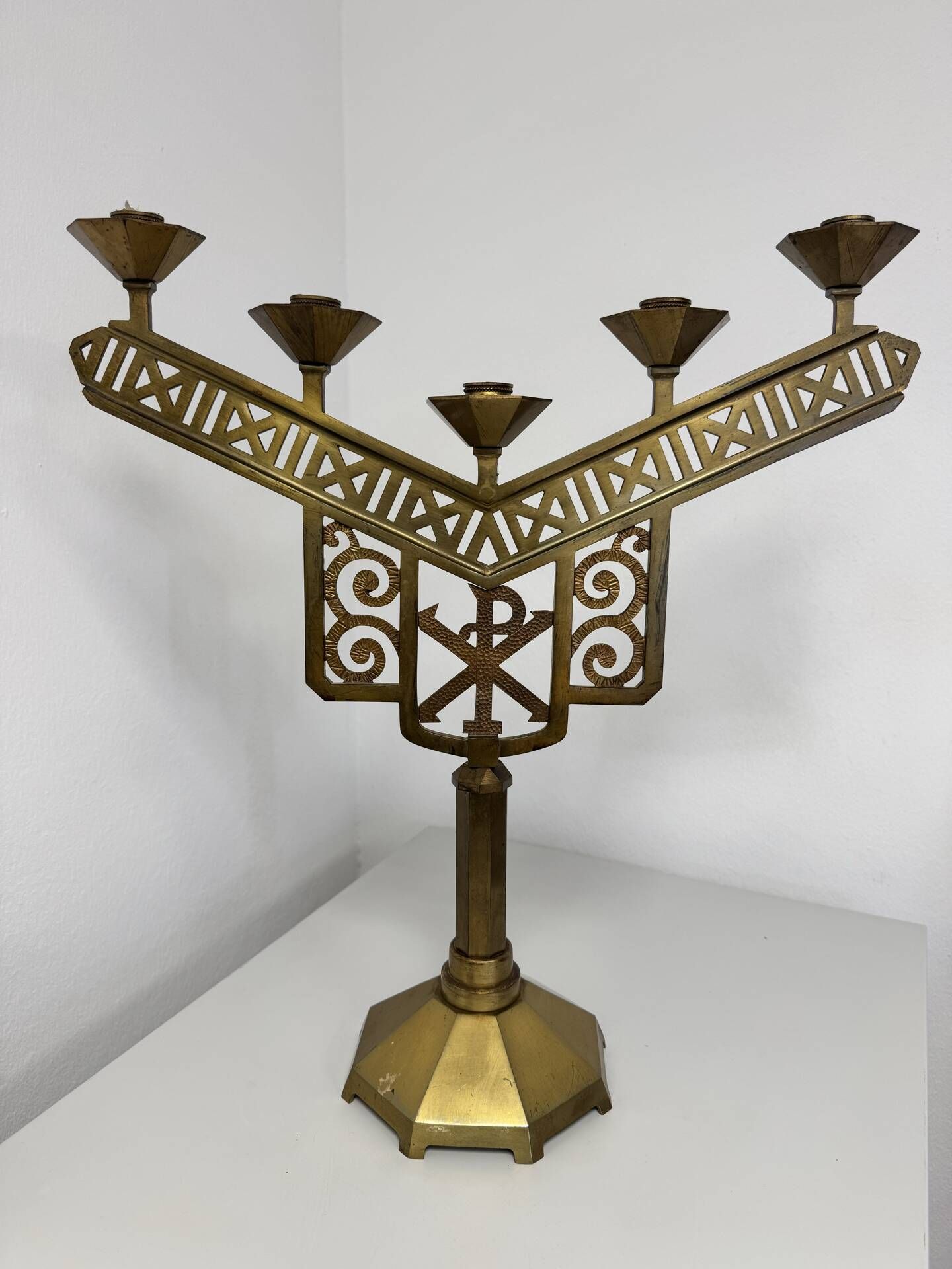 Antique Art Deco Brass Altar Chandelier – 5 Lights – Chrism Symbol