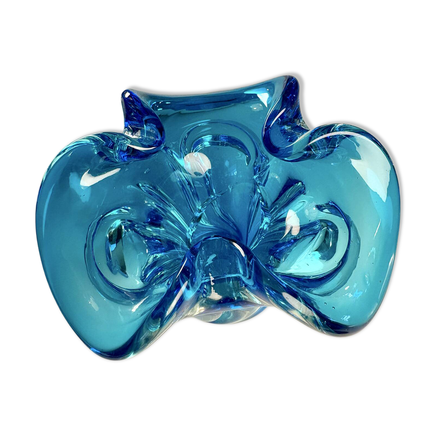 Cendrier sculptural en verre soufflé bleu 1960-1970