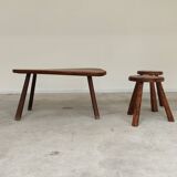 Set of free-form elm coffee table and brutalist style stools