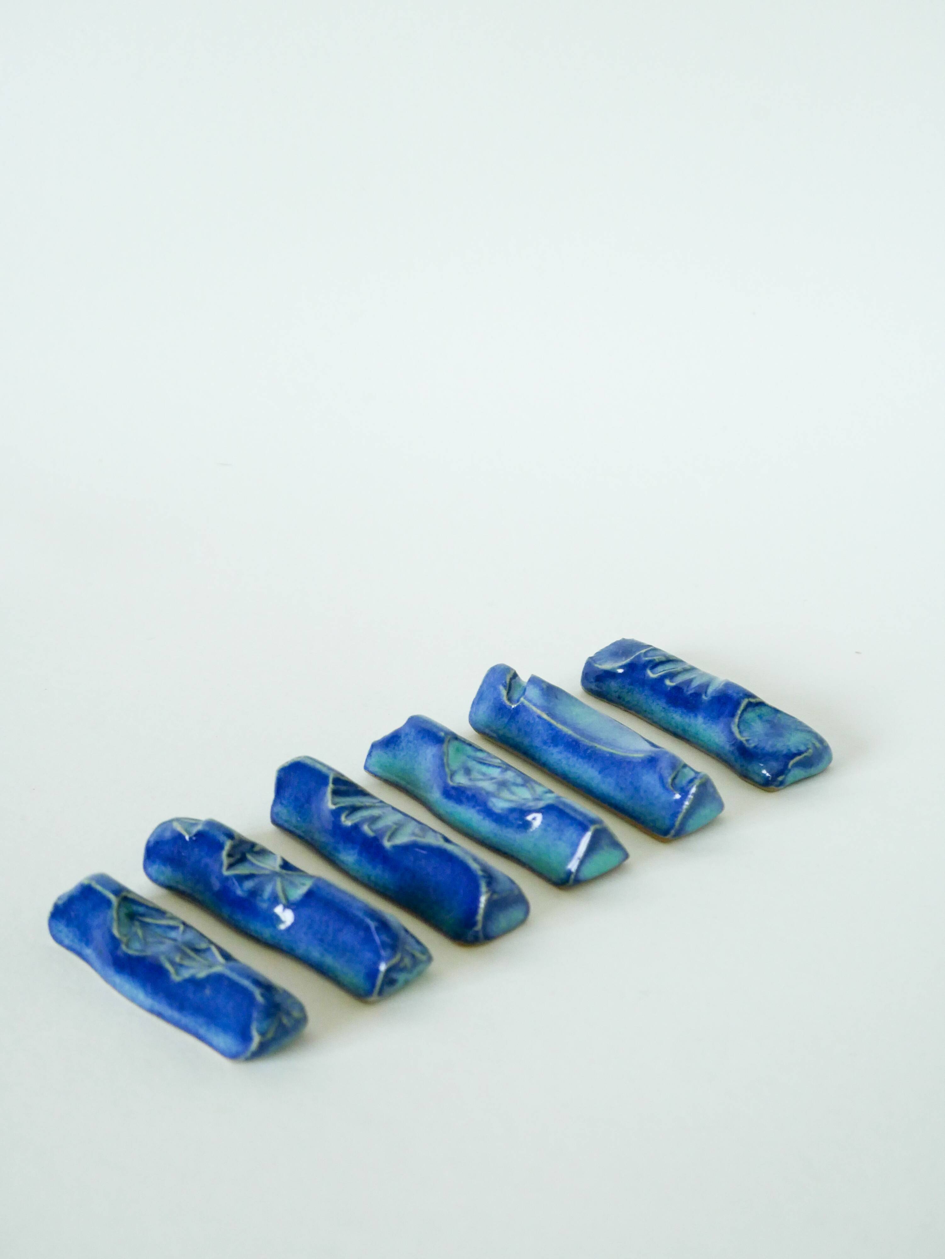 Set of 6 ceramic knife holders, handcrafted, Blue, 1970