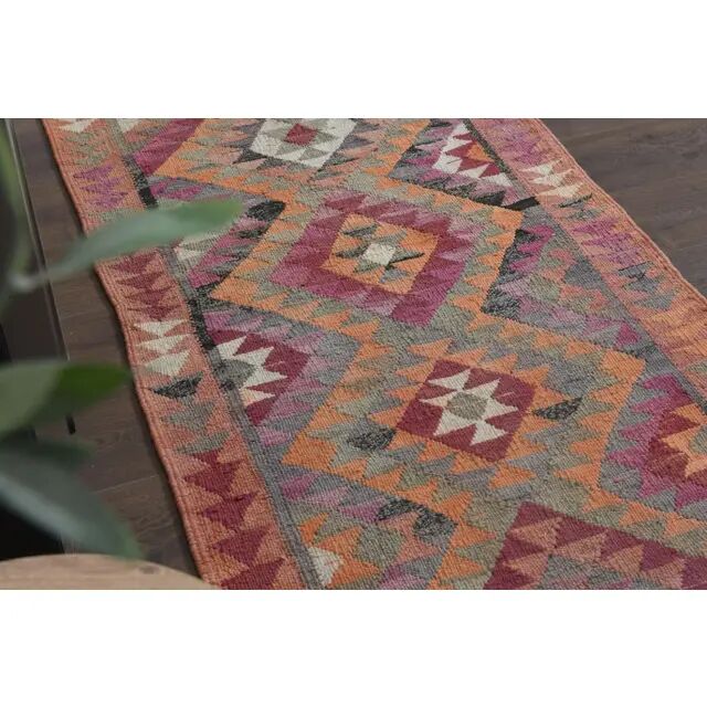 1970s Turkish Oushak Handmade Wool Cotton Pink Runner Rug 94x322