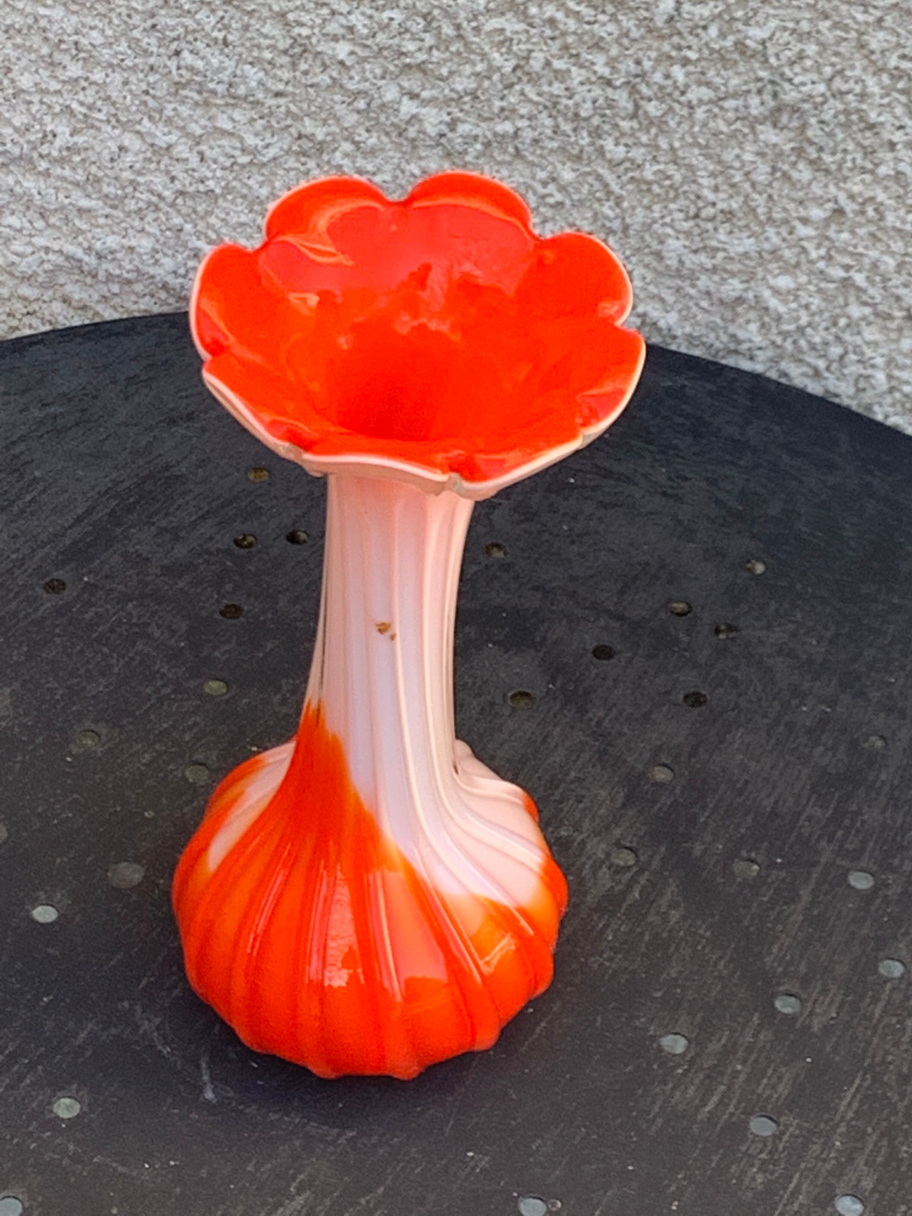 Orange and white opaline vase in the shape of a vintage flower corolla