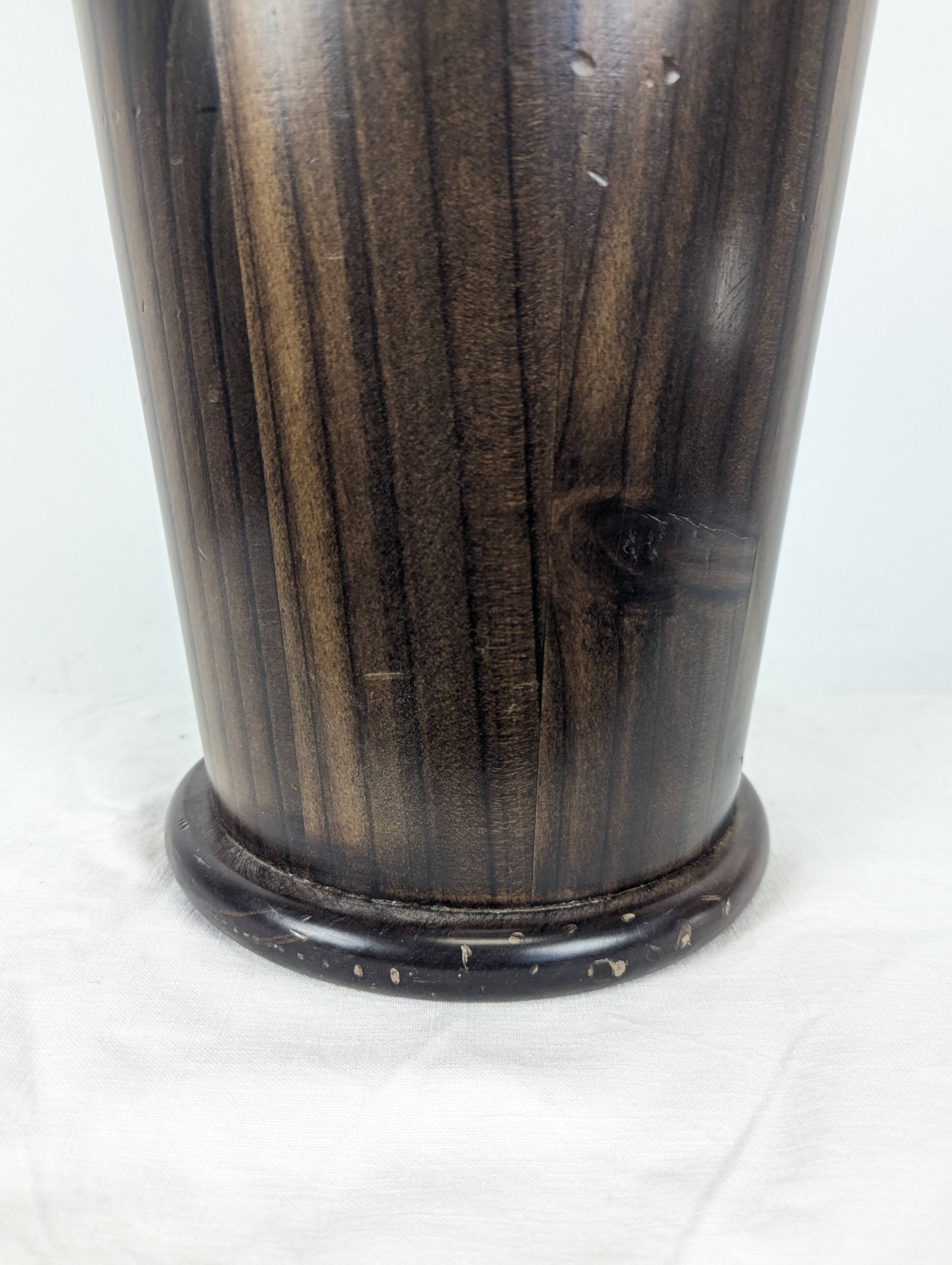 Wooden umbrella stand turned and patinated with iron rings