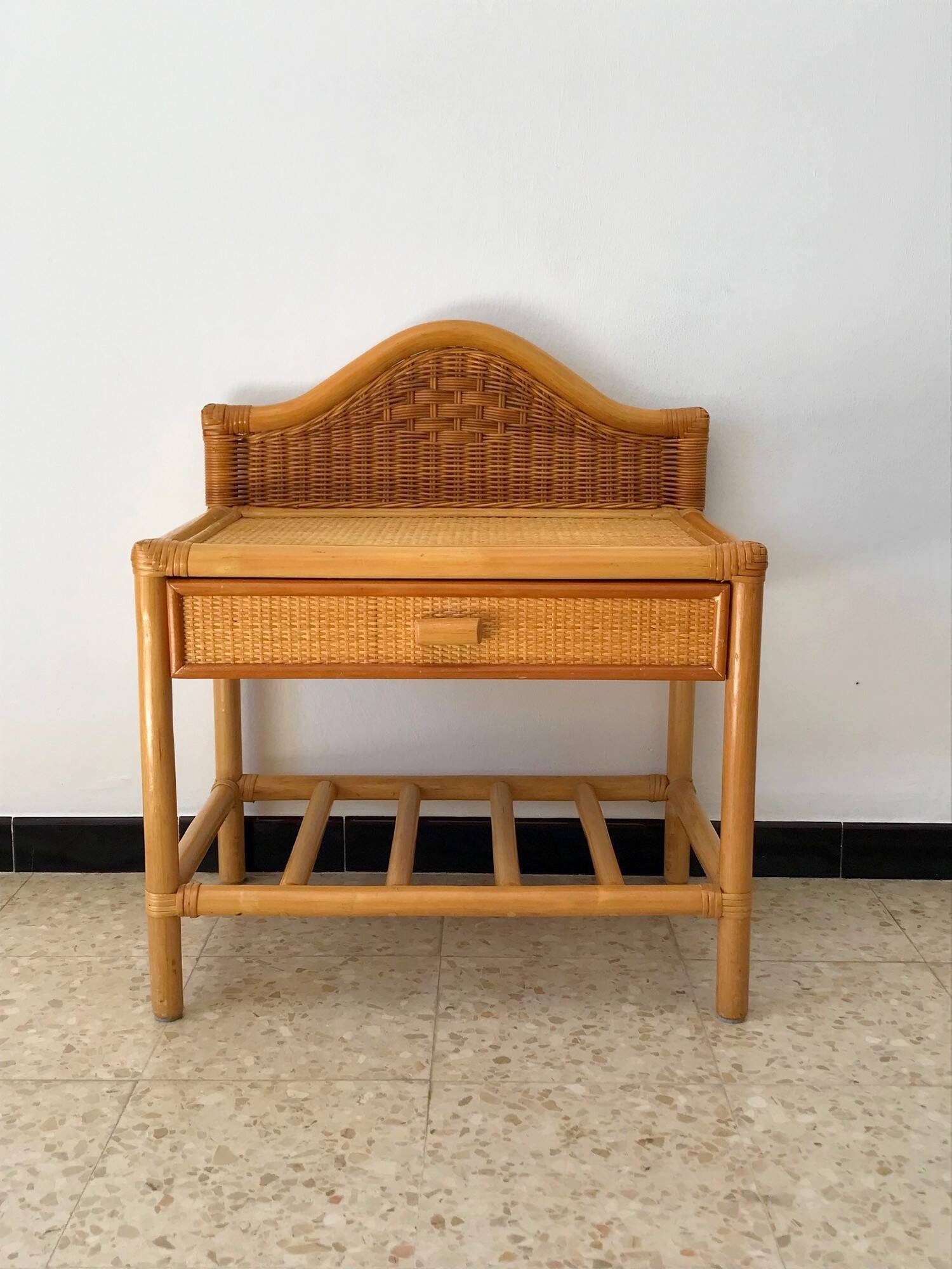 Vintage 80s rattan bedside table