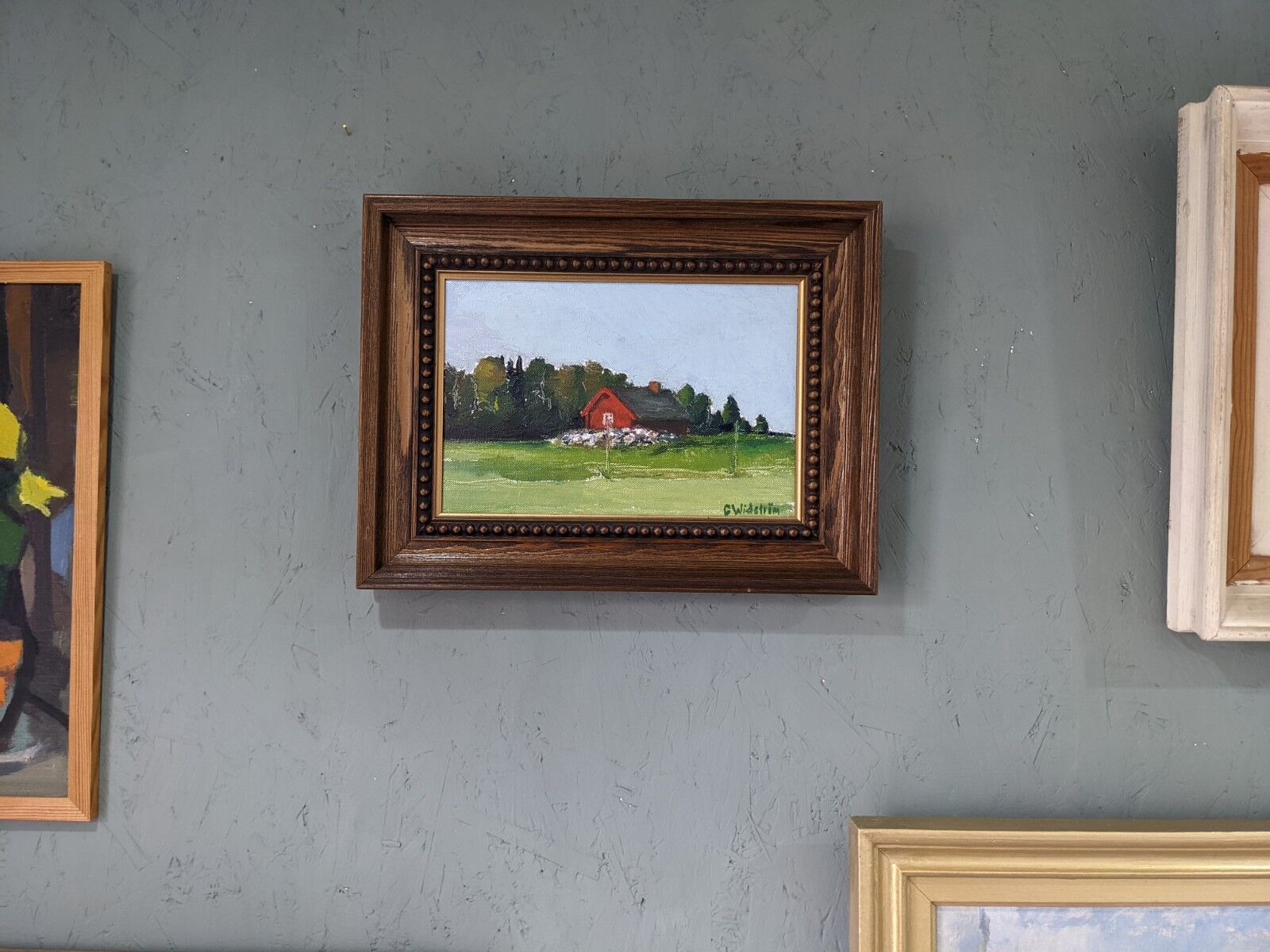 Mid-Century Modern Swedish "Red Cottage" Vintage Landscape Oil Painting, Framed