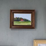 Mid-Century Modern Swedish "Red Cottage" Vintage Landscape Oil Painting, Framed