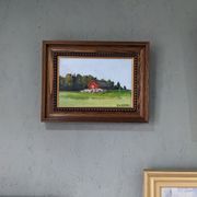 Mid-Century Modern Swedish "Red Cottage" Vintage Landscape Oil Painting, Framed