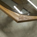 Unique hexagonal table 1977, smoked glass and oak, Swiss made.