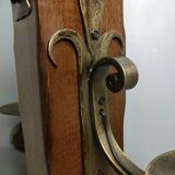 Medieval 2-light chandelier ~ hammered and patinated wrought iron ~ oak ~ 60s ~ France