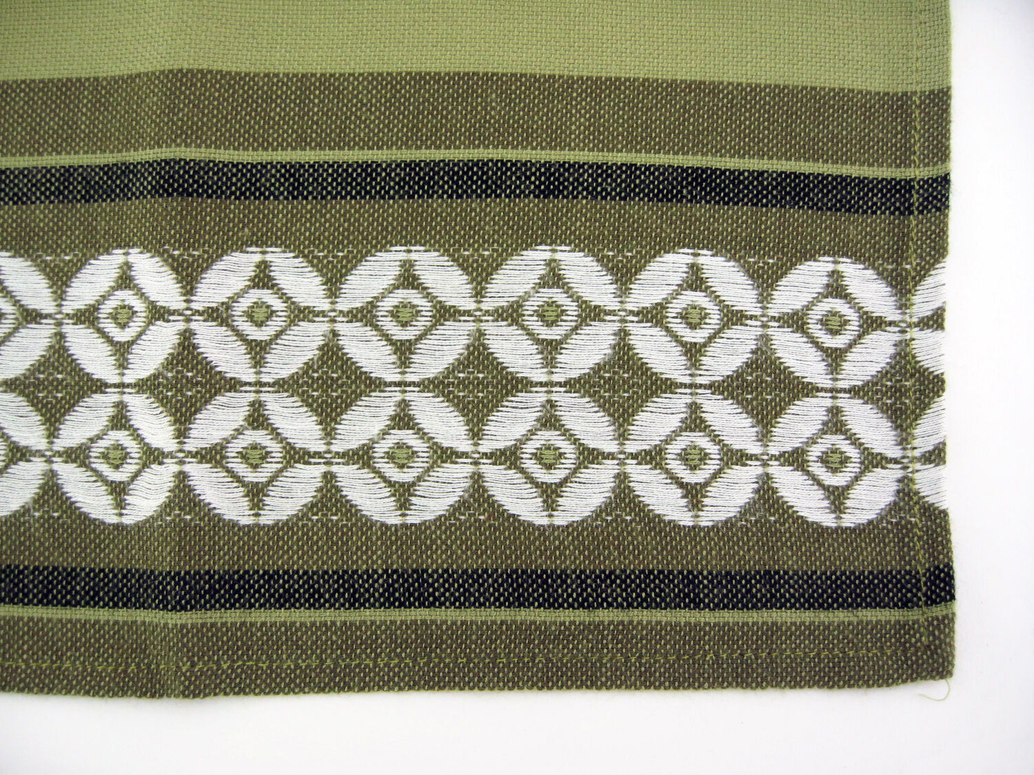 6 olive green Dralon napkins - white geometric patterns - vintage 60s