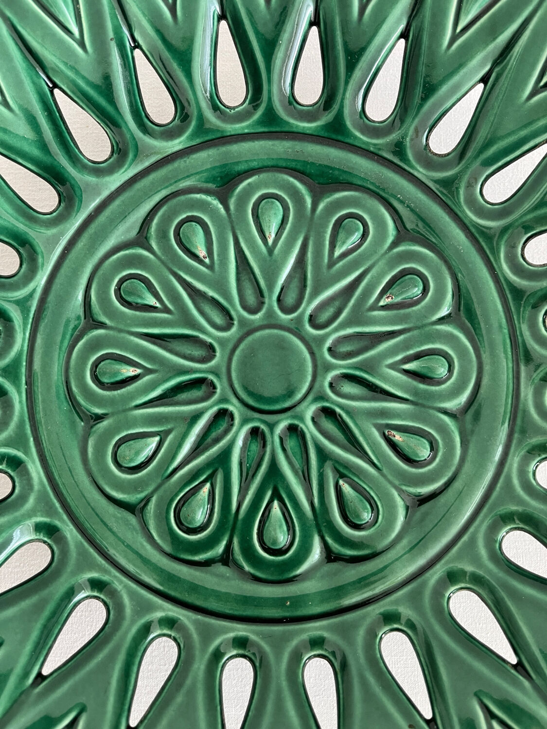 Vintage openwork green ceramic fruit bowl