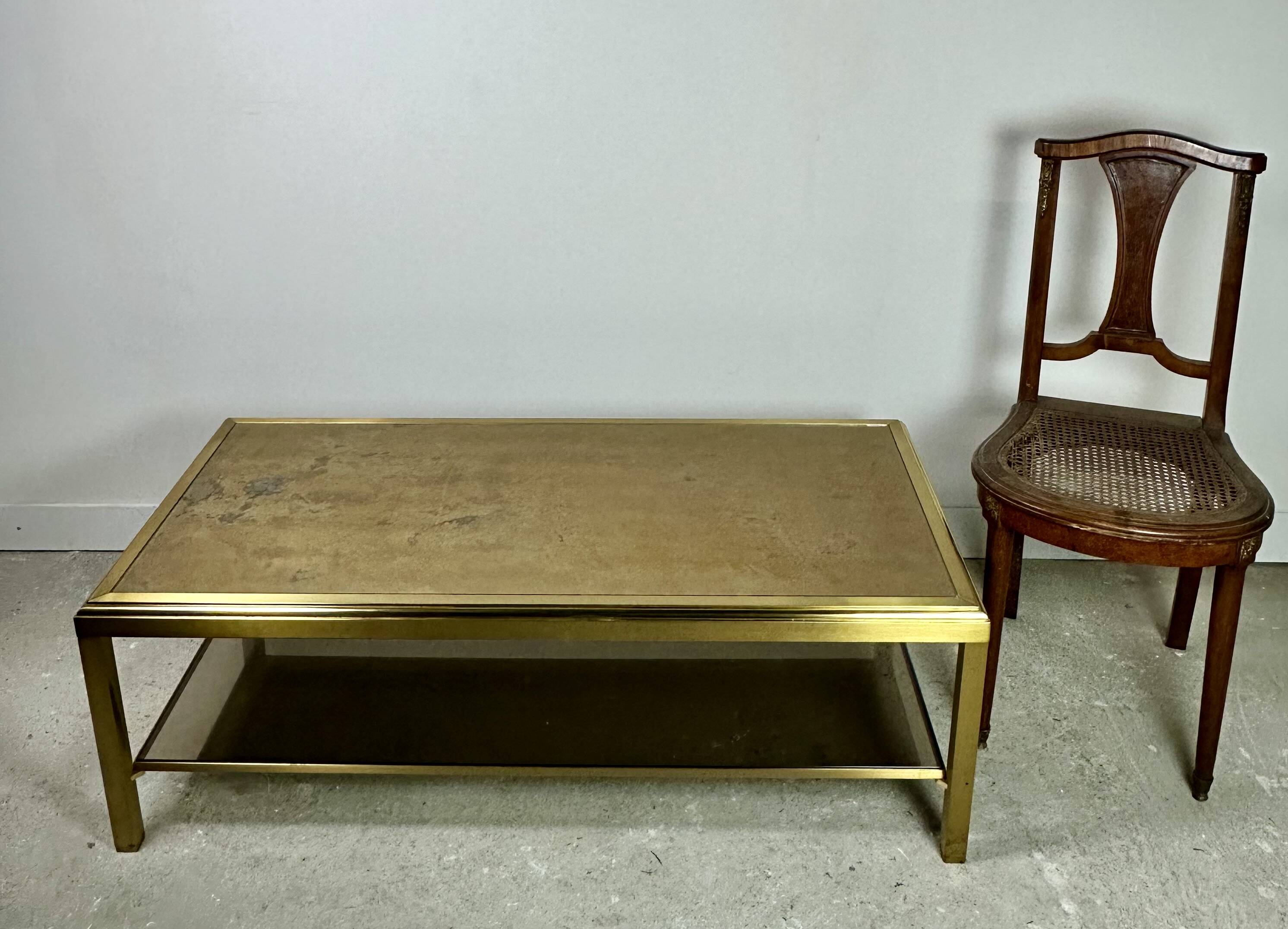 Vintage 70'S Hollywood Regency Brass and Iridescent Glass Coffee Table