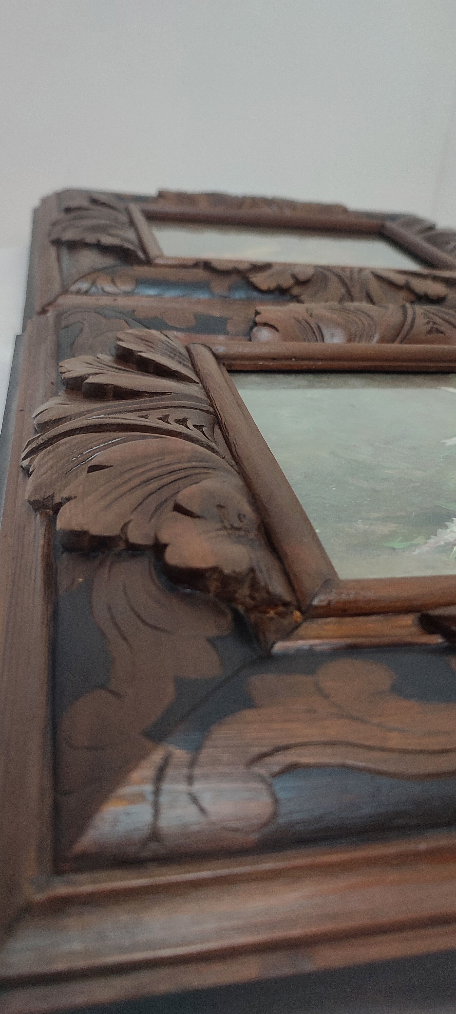 Pair of oils on cardboard with carved wooden frame. Spain 1950s.