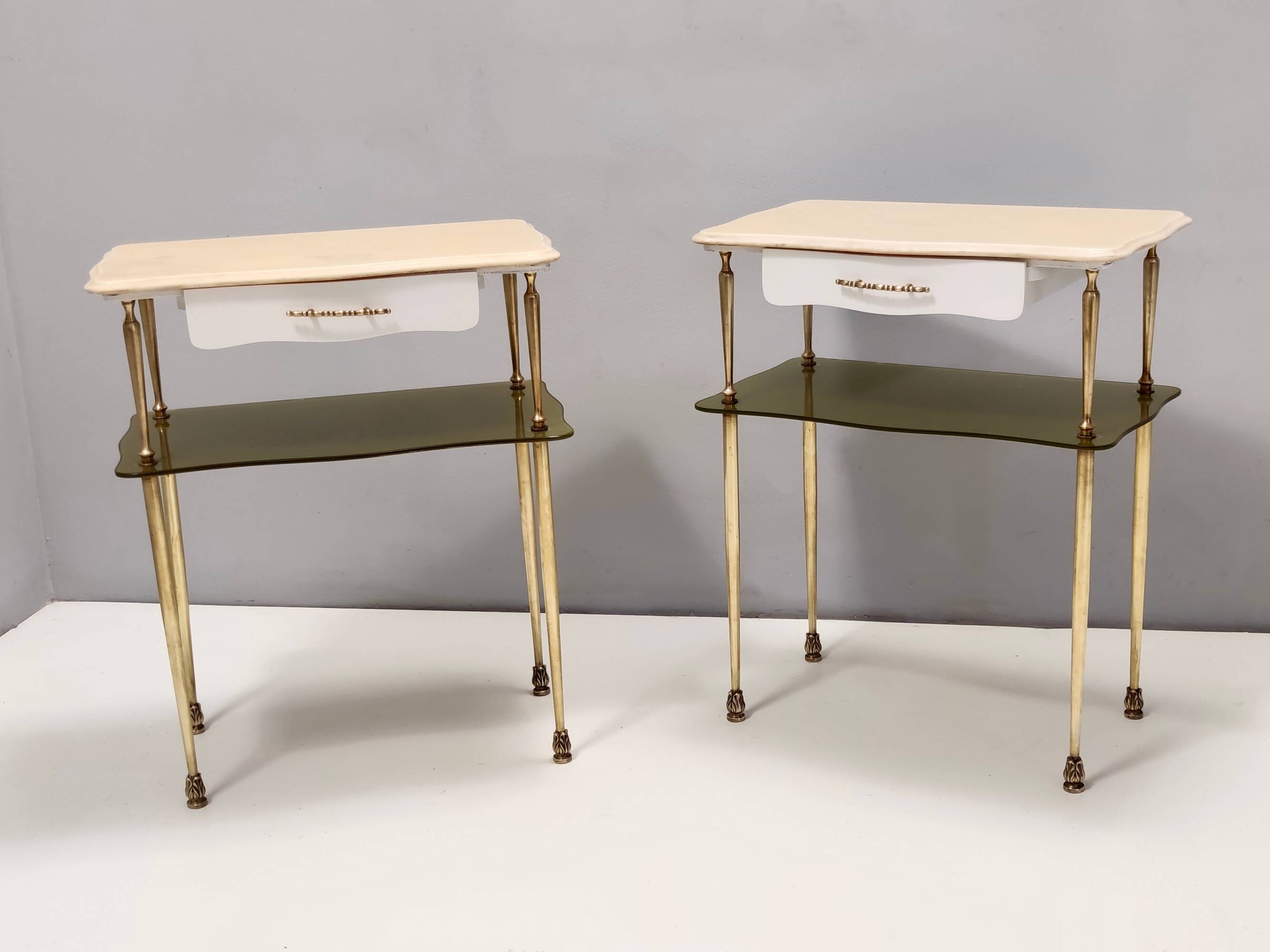 Pair of White Lacquered Nightstands with Marble Tops and Glass Shelves, Italy