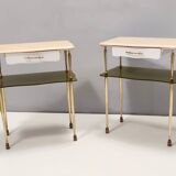 Pair of White Lacquered Nightstands with Marble Tops and Glass Shelves, Italy