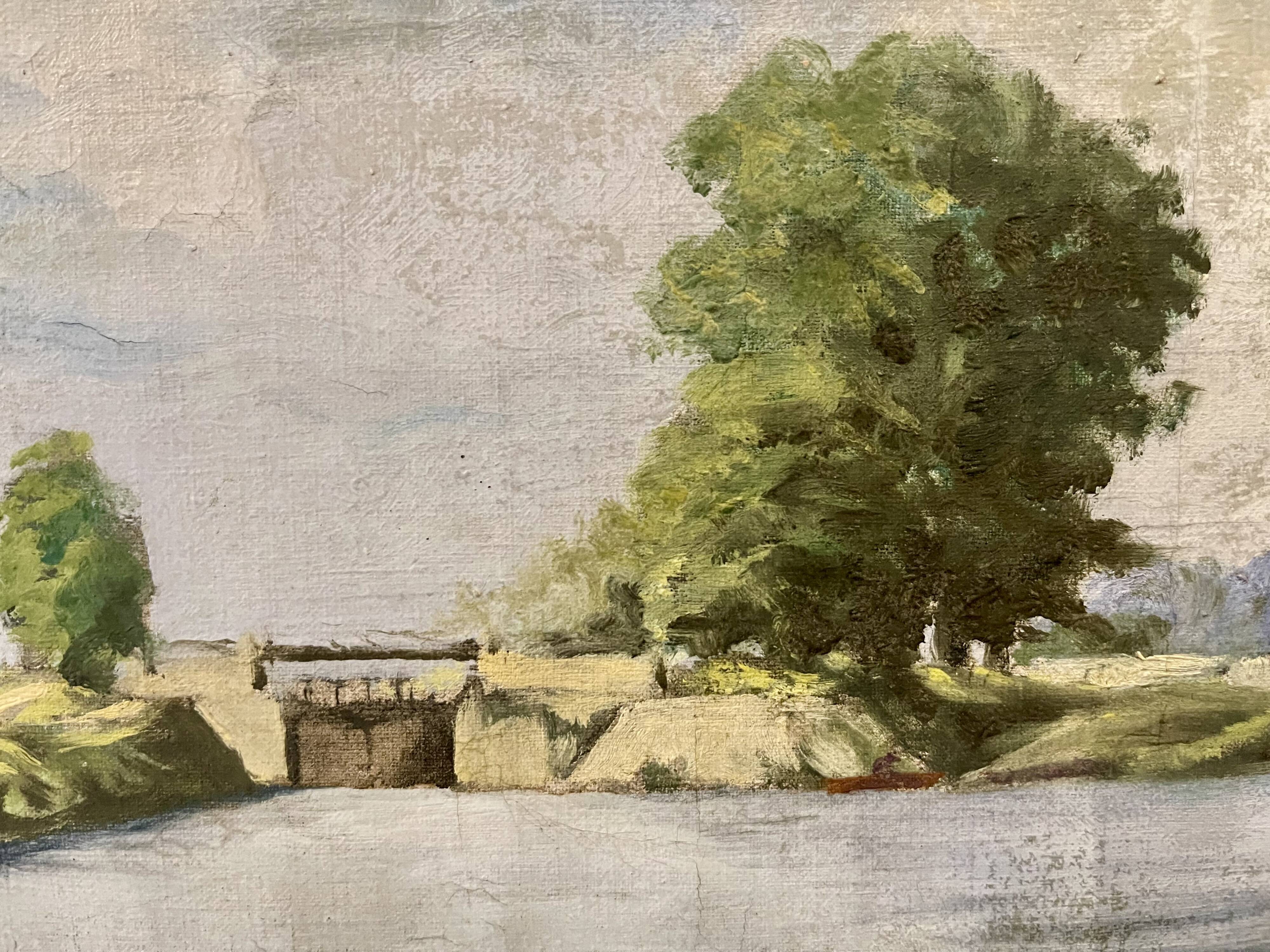 Painting of the lock and the beach of Neuilly Sur Marne signed by Bern 1948