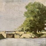Painting of the lock and the beach of Neuilly Sur Marne signed by Bern 1948