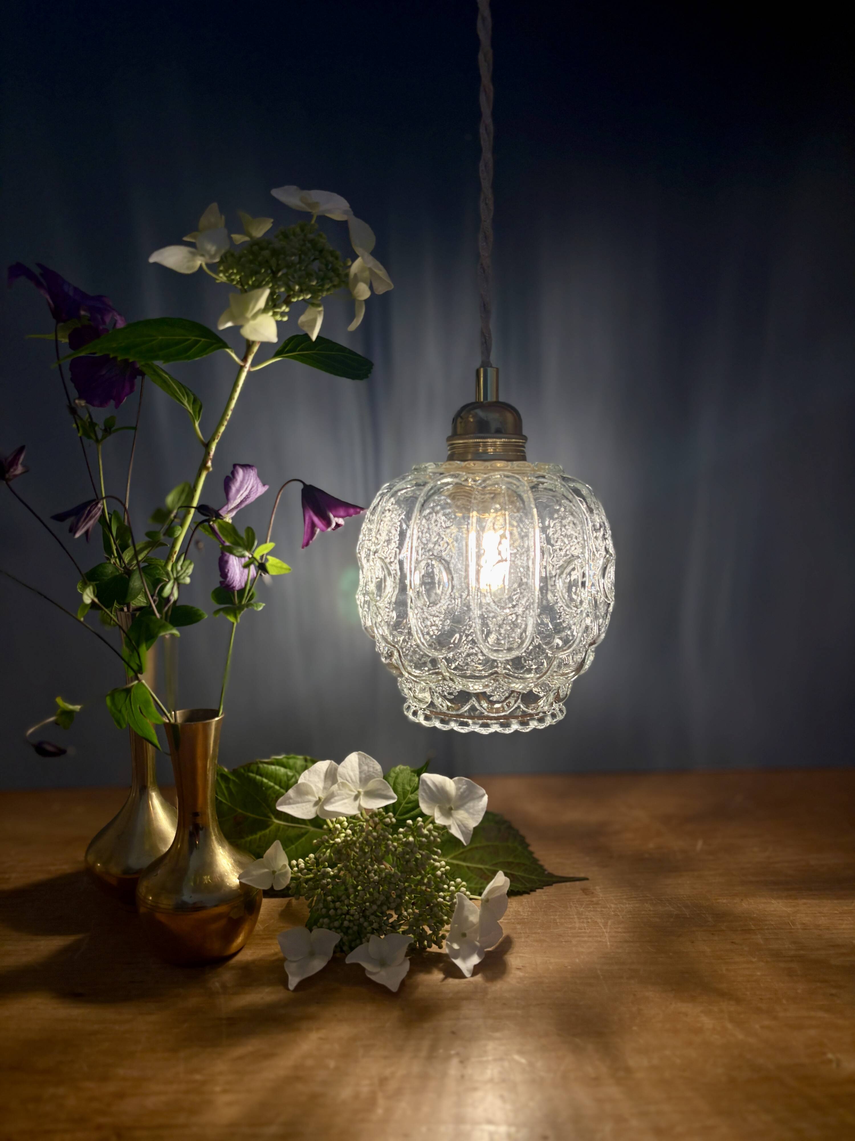 Vintage clear molded glass globe pendant light