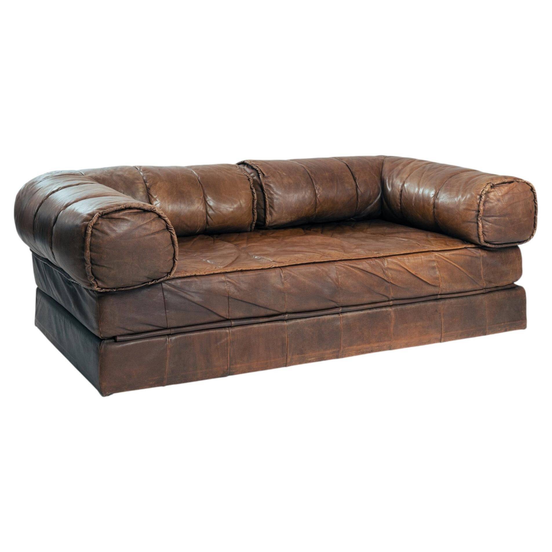 Brown Modular Leather Patchwork Sleeping Sofa Daybed, 1970s