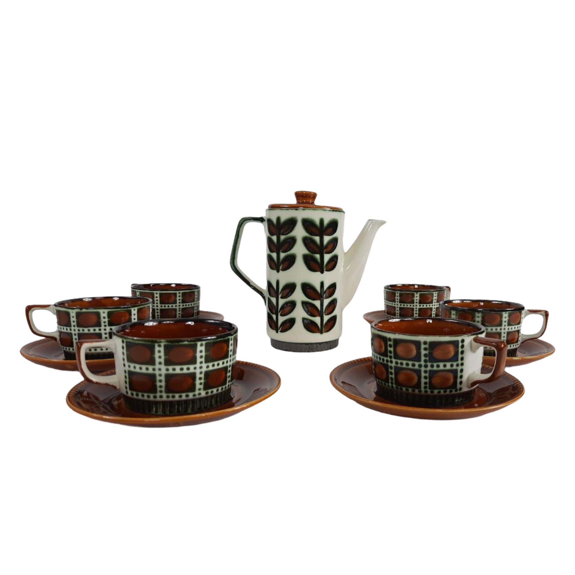 Tea service for Six vintage boch pattern brown, white and green
