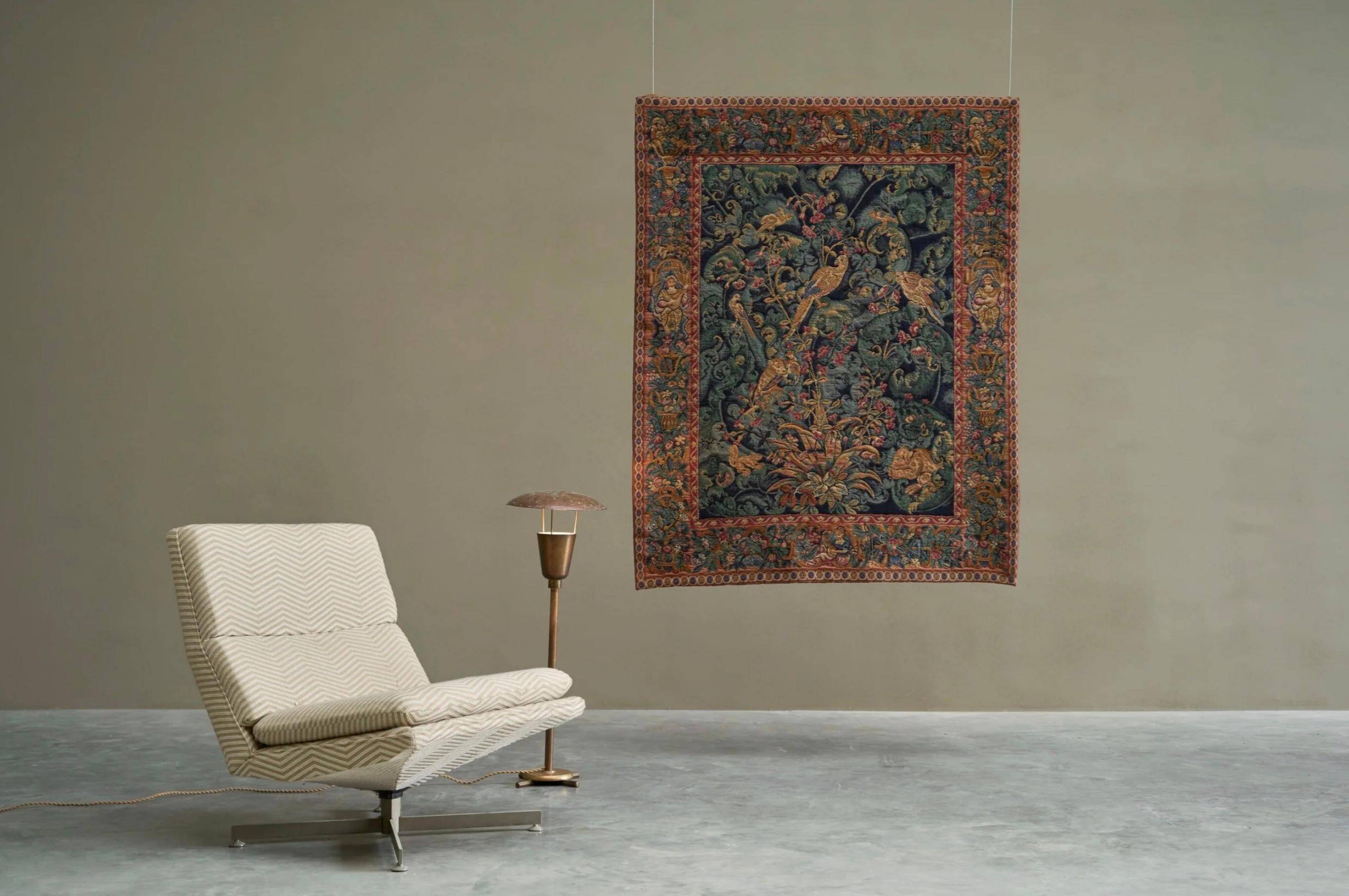 Mid Century wall tapestry with birds, animals, and leaves, Belgium 1960s.