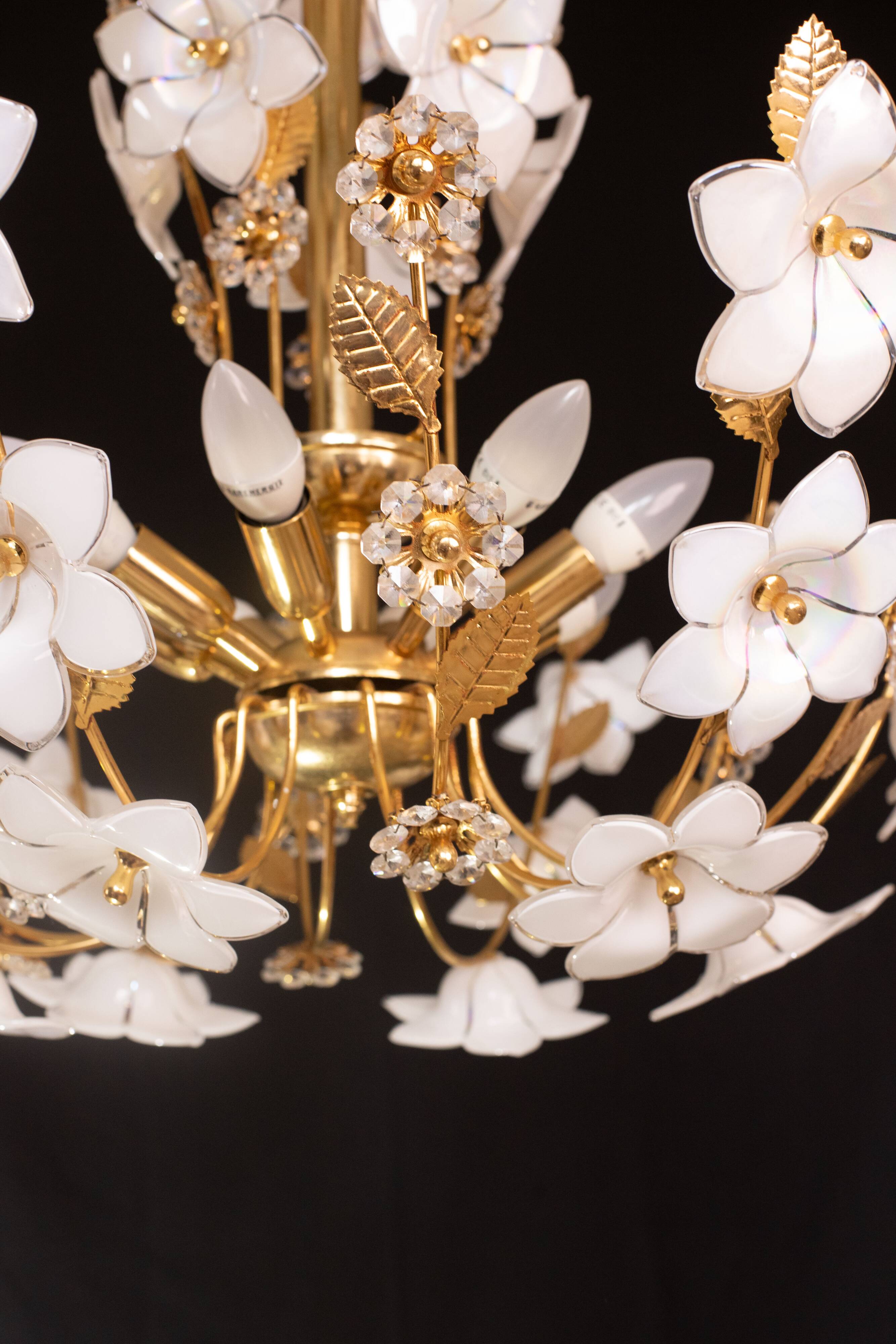 Large Size Vintage Murano Glass Chandelier White Flowers, 1970