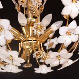 Large Size Vintage Murano Glass Chandelier White Flowers, 1970