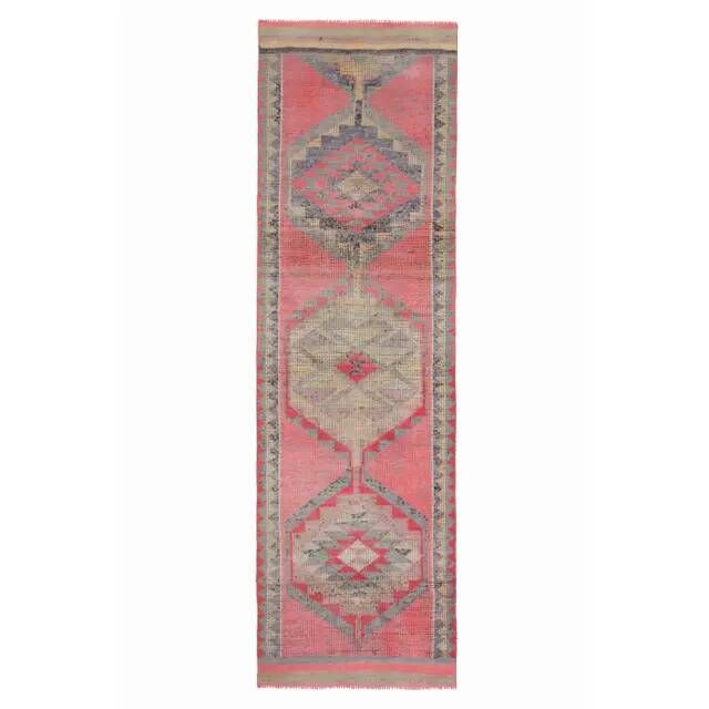 Vintage Turkish Hand-Knotted Wool Cotton Pink Runner Rug 98x330