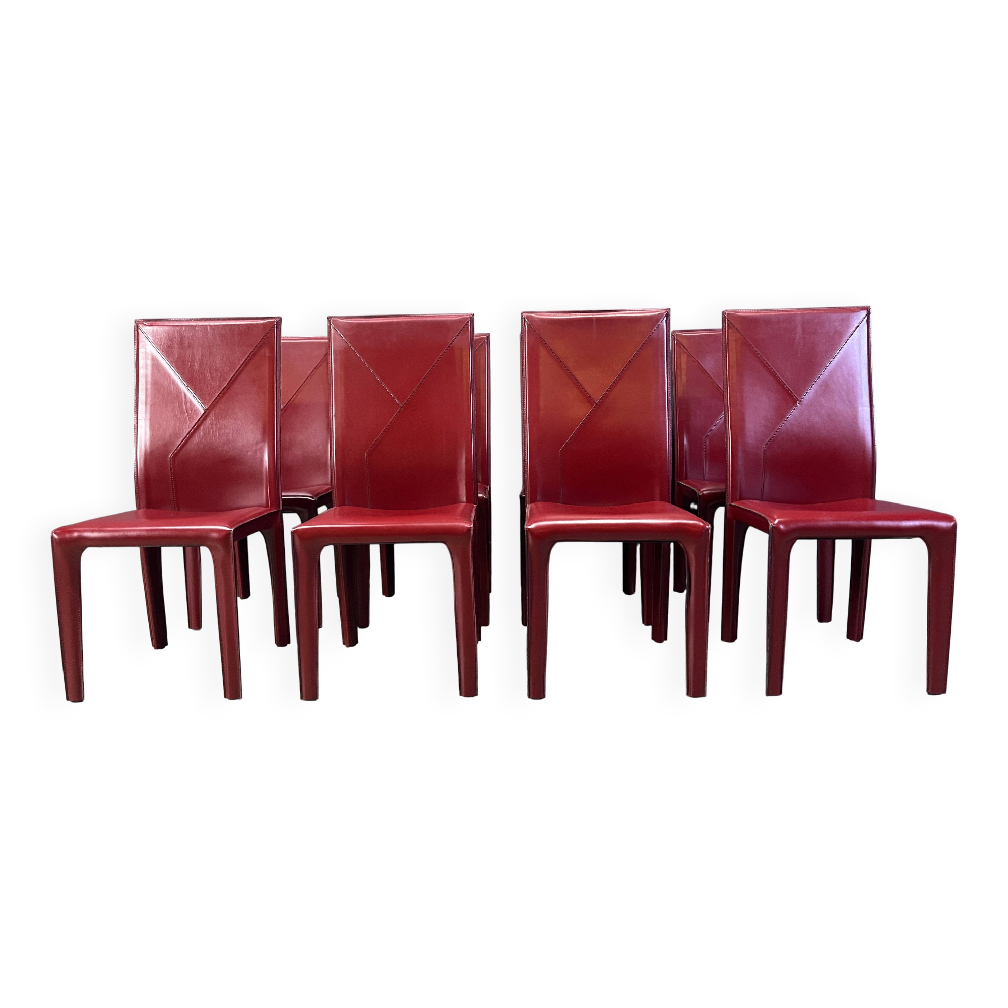 Red leather dining chairs by Roche Bobois France, 1980s - set of 8
