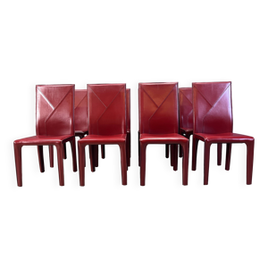 Chaises salle à manger en cuir rouge par Roche Bobois France, années 1980 - ensemble 8