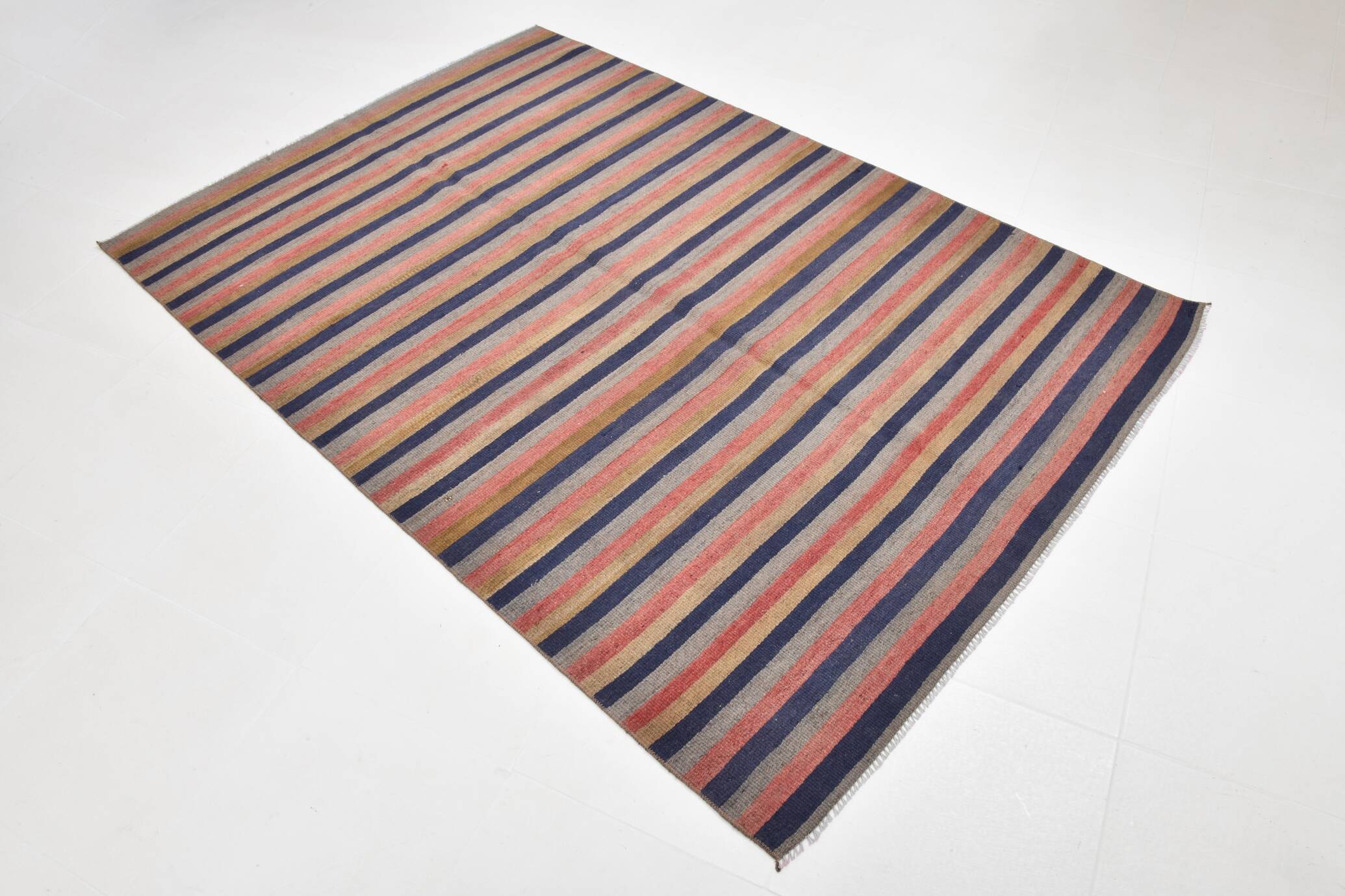Navy Blue & Terracotta Hand Woven Turkish Striped Kilim Rug, 147x217 Cm