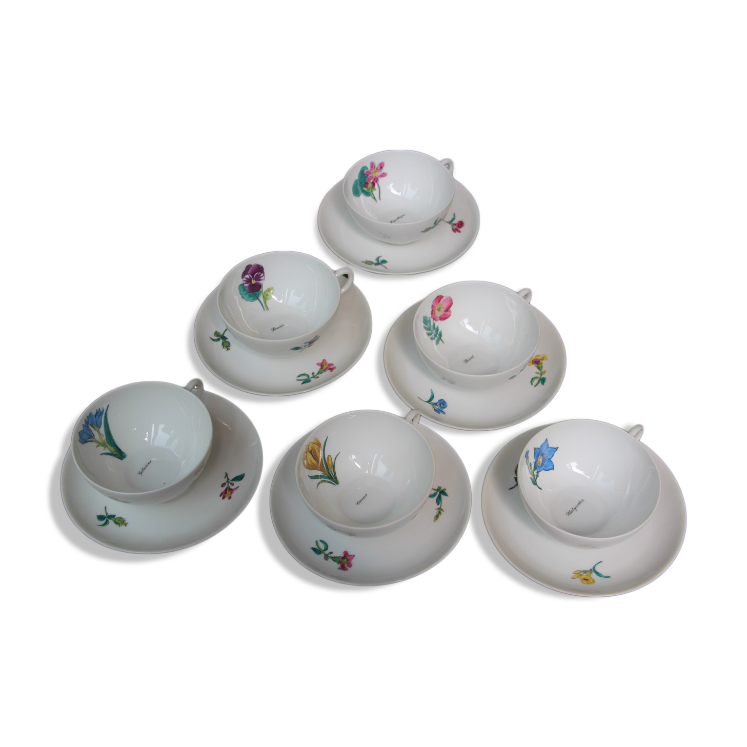 6 CUPS and undercups in NBD Limonges porcelain, hand illuminated, floral patterns