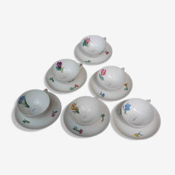 6 CUPS and undercups in NBD Limonges porcelain, hand illuminated, floral patterns