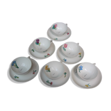 6 CUPS and undercups in NBD Limonges porcelain, hand illuminated, floral patterns
