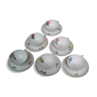 6 CUPS and undercups in NBD Limonges porcelain, hand illuminated, floral patterns