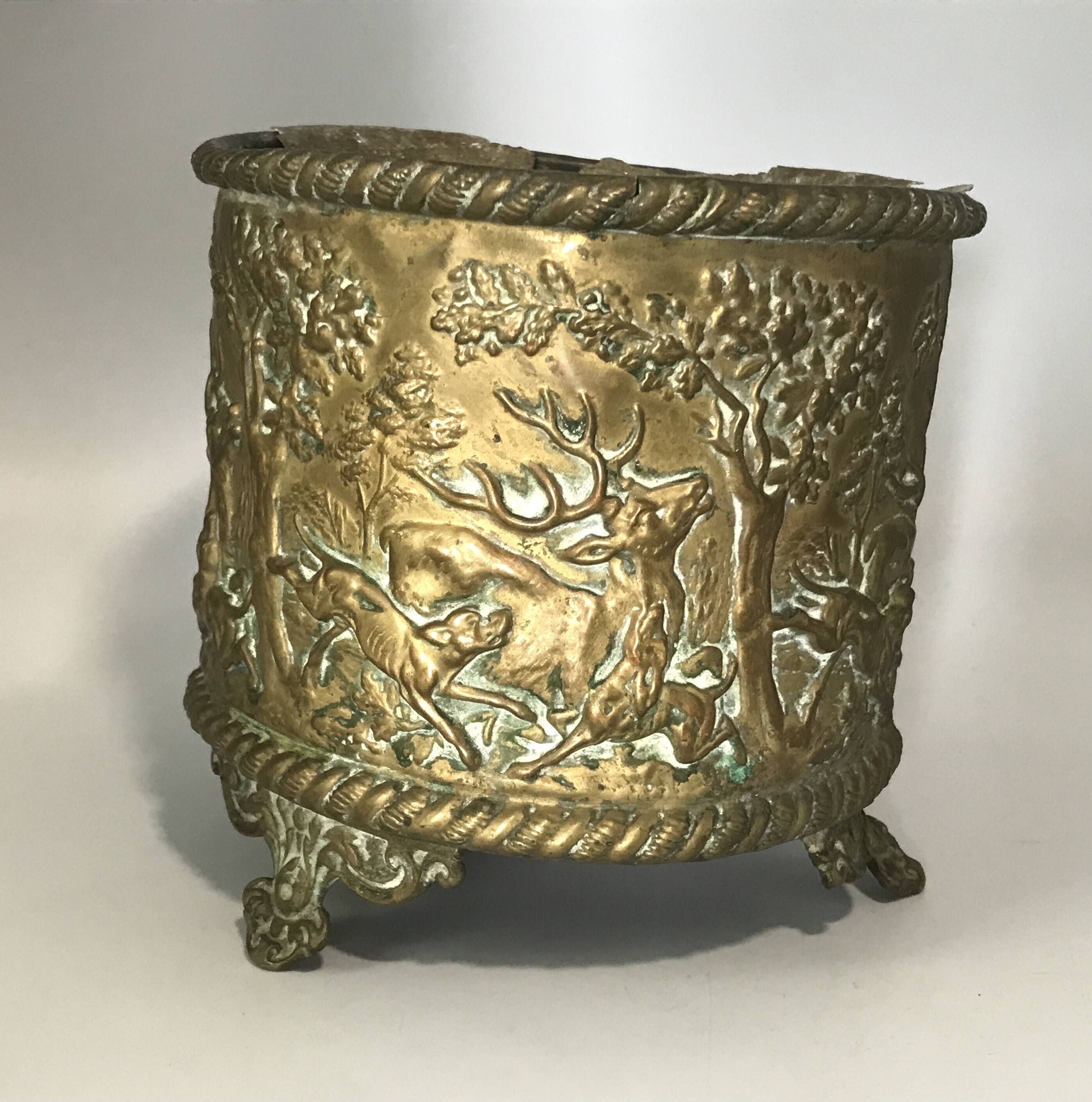 Antique Napoleon III Brass Planter with Embossed Hunting Scene Decor