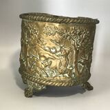Antique Napoleon III Brass Planter with Embossed Hunting Scene Decor