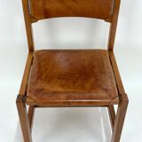 Set of 6 Maison Regain Chairs - Solid Elm and Fawn Leather - Circa 70