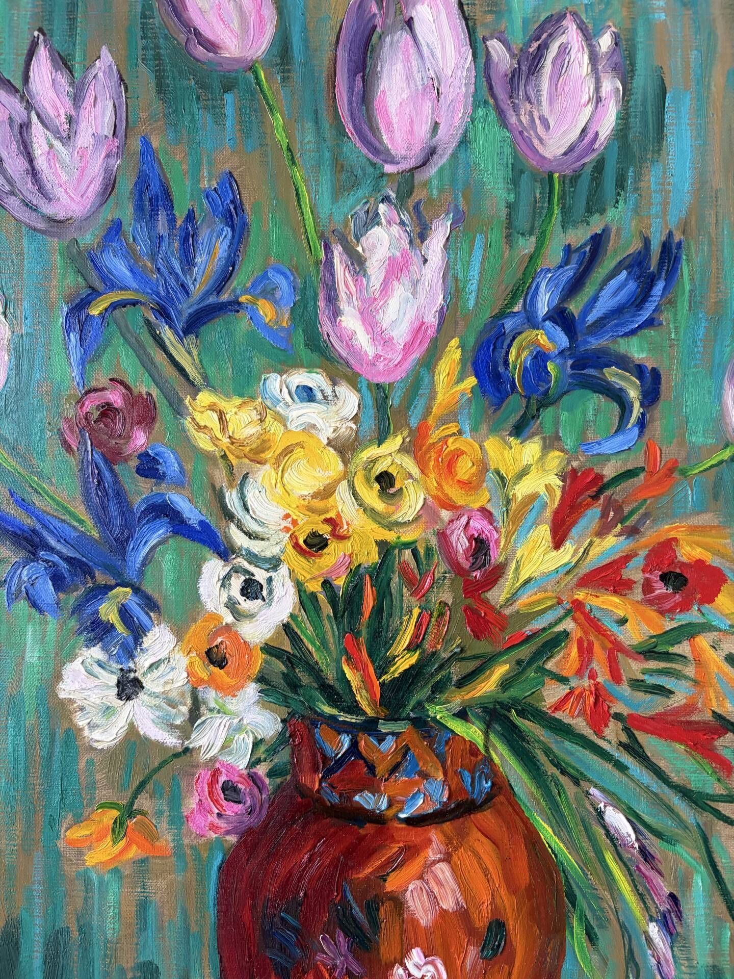 Tulips and iris, oil on canvas signed Gisèle Renaut 1978