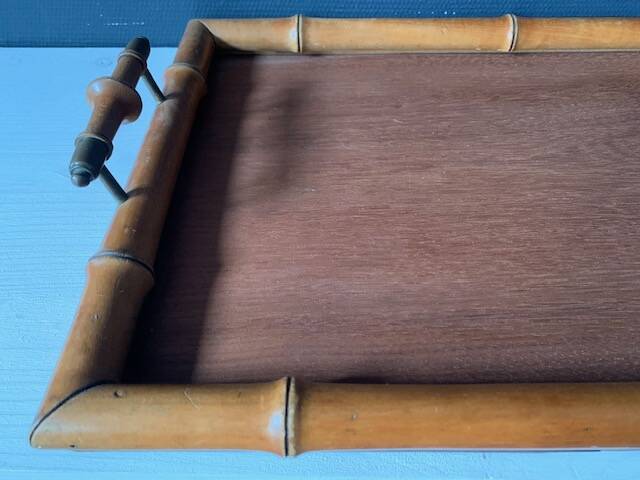 Old serving tray in faux bamboo and brass, 19th century