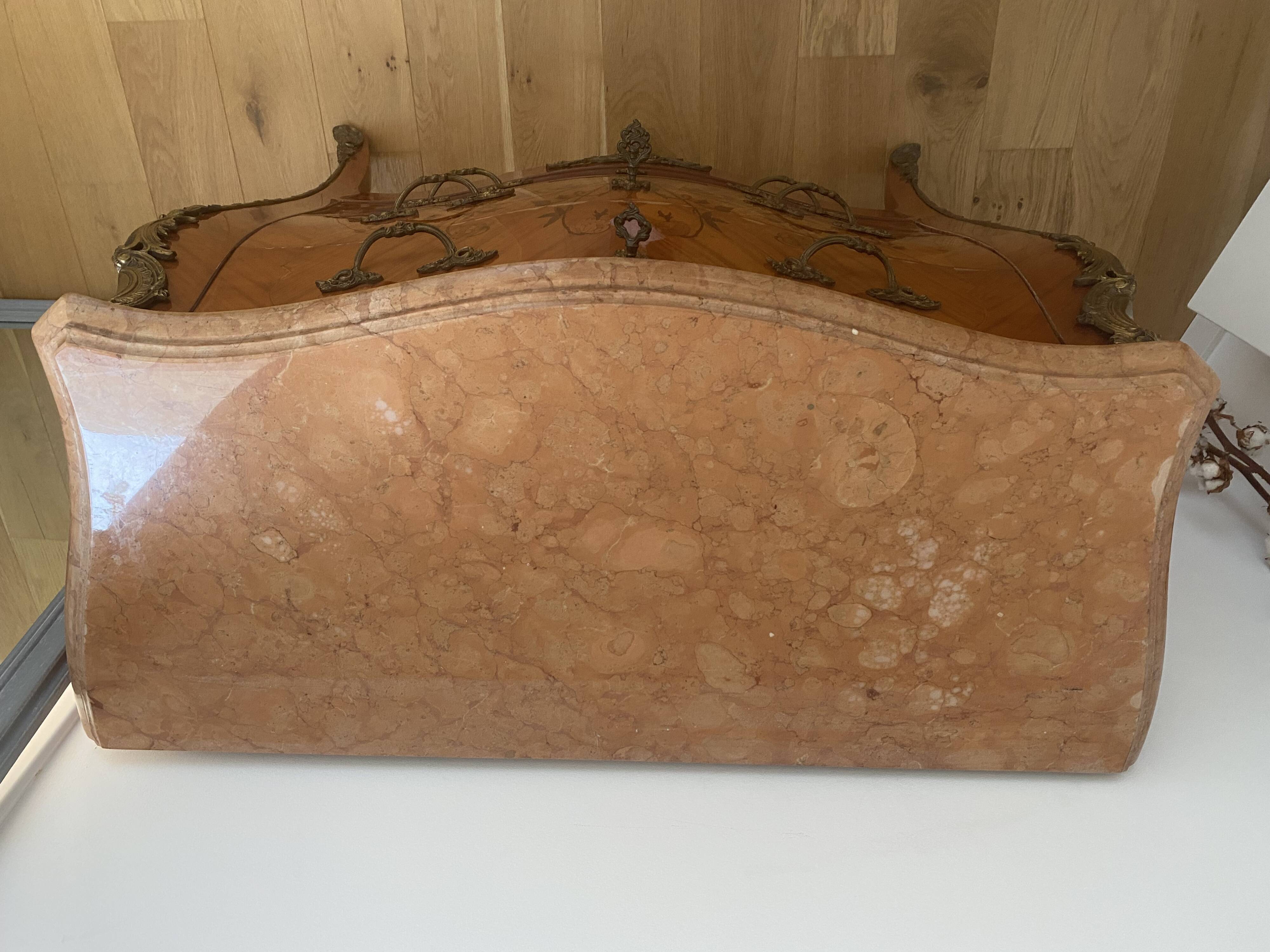 Commode 3 drawers galbee style louis xv marquetry marble top