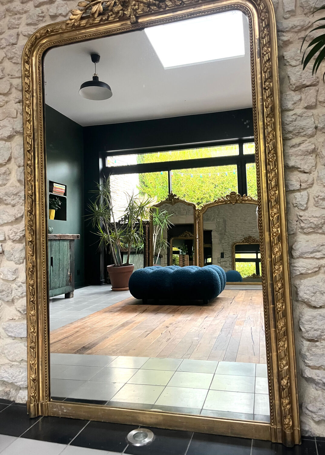 Antique Louis-Philippe fireplace mirror with pediment and beading, 174.5cm