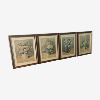 Série de 4 aquarelles fleurs