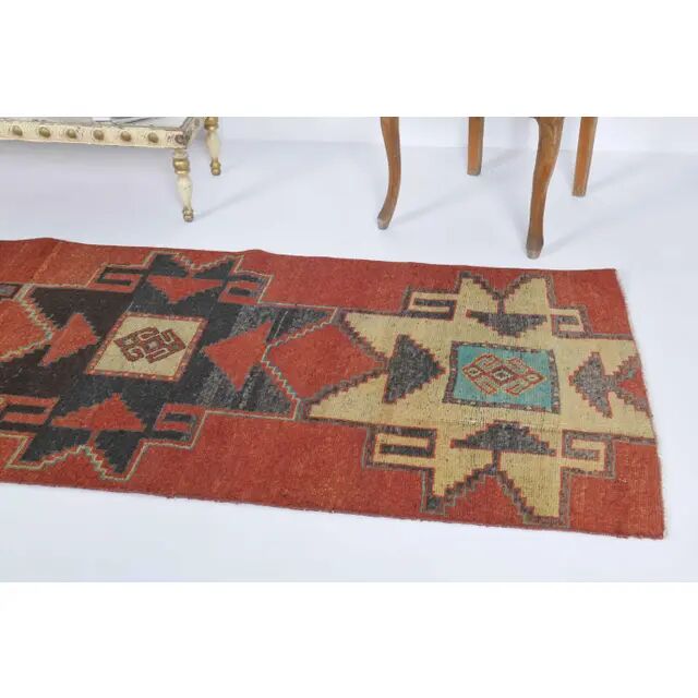 Vintage Turkish Hand-Knotted Wool Cotton Red Runner Rug 81x340