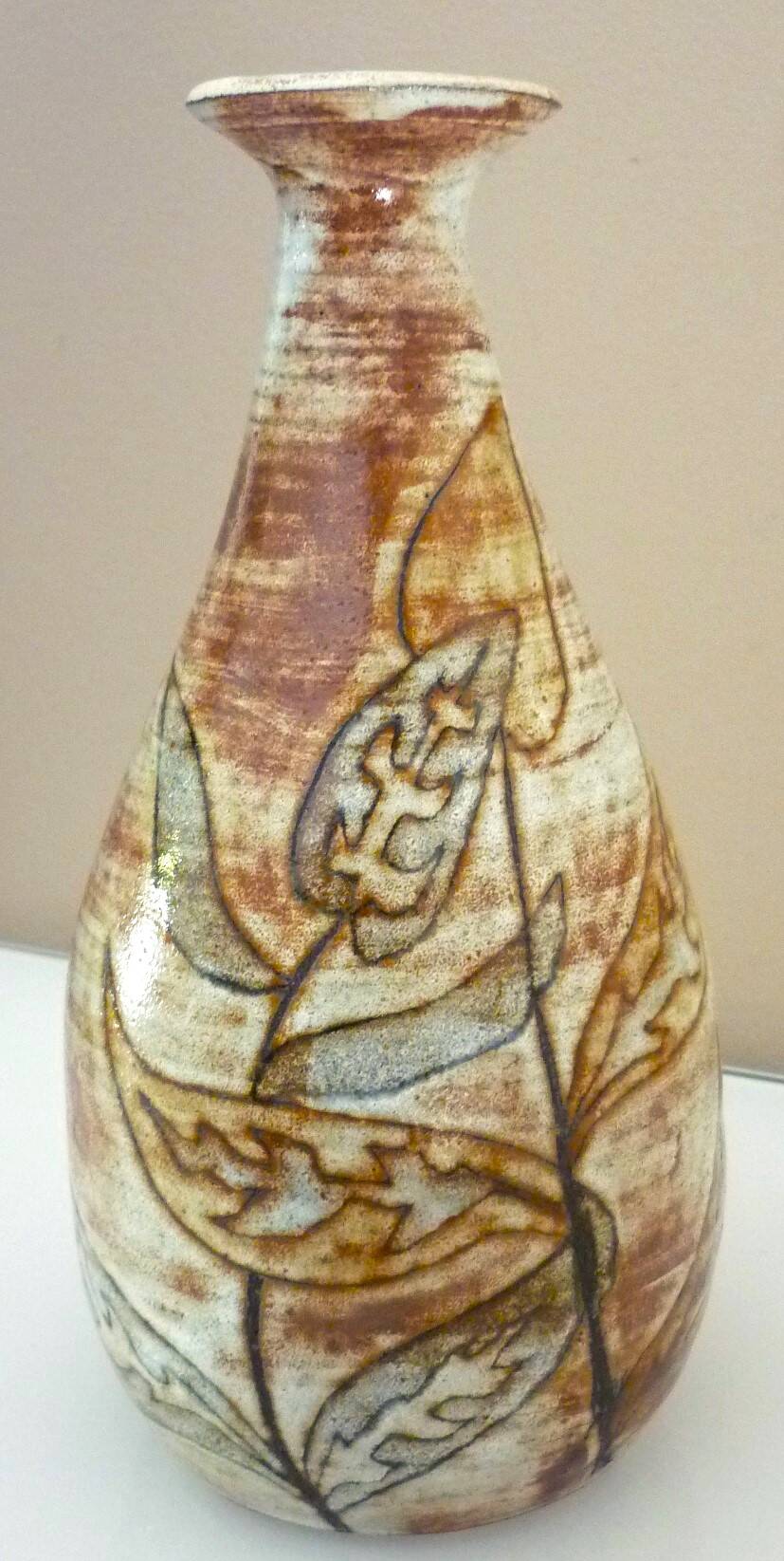 Glazed ceramic drop vase, signed Michel Argans, leaf decoration