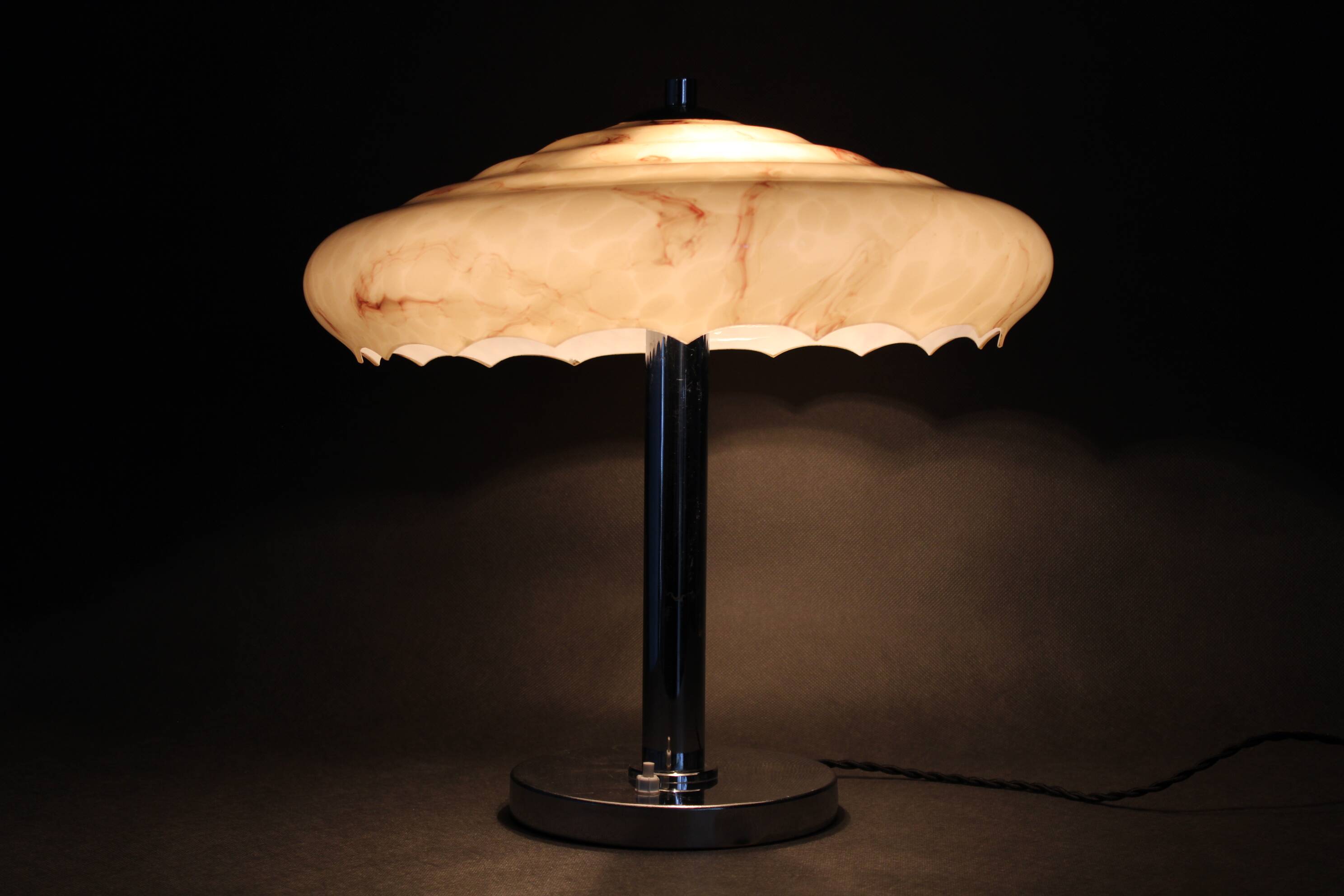 Czechoslovak Art Deco chrome table lamp with marbled glass, 1930s